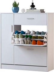 Space-Saving 2 Drawer Shoe Cabinet with Pull-Down Doors – 20 Pair Storage White