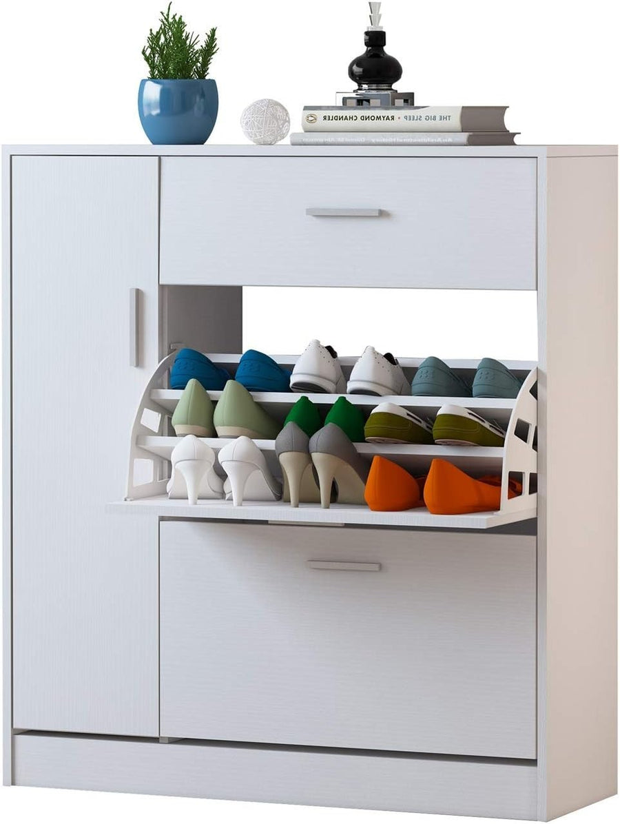 Space-Saving 2 Drawer Shoe Cabinet with Pull-Down Doors – 20 Pair Storage White