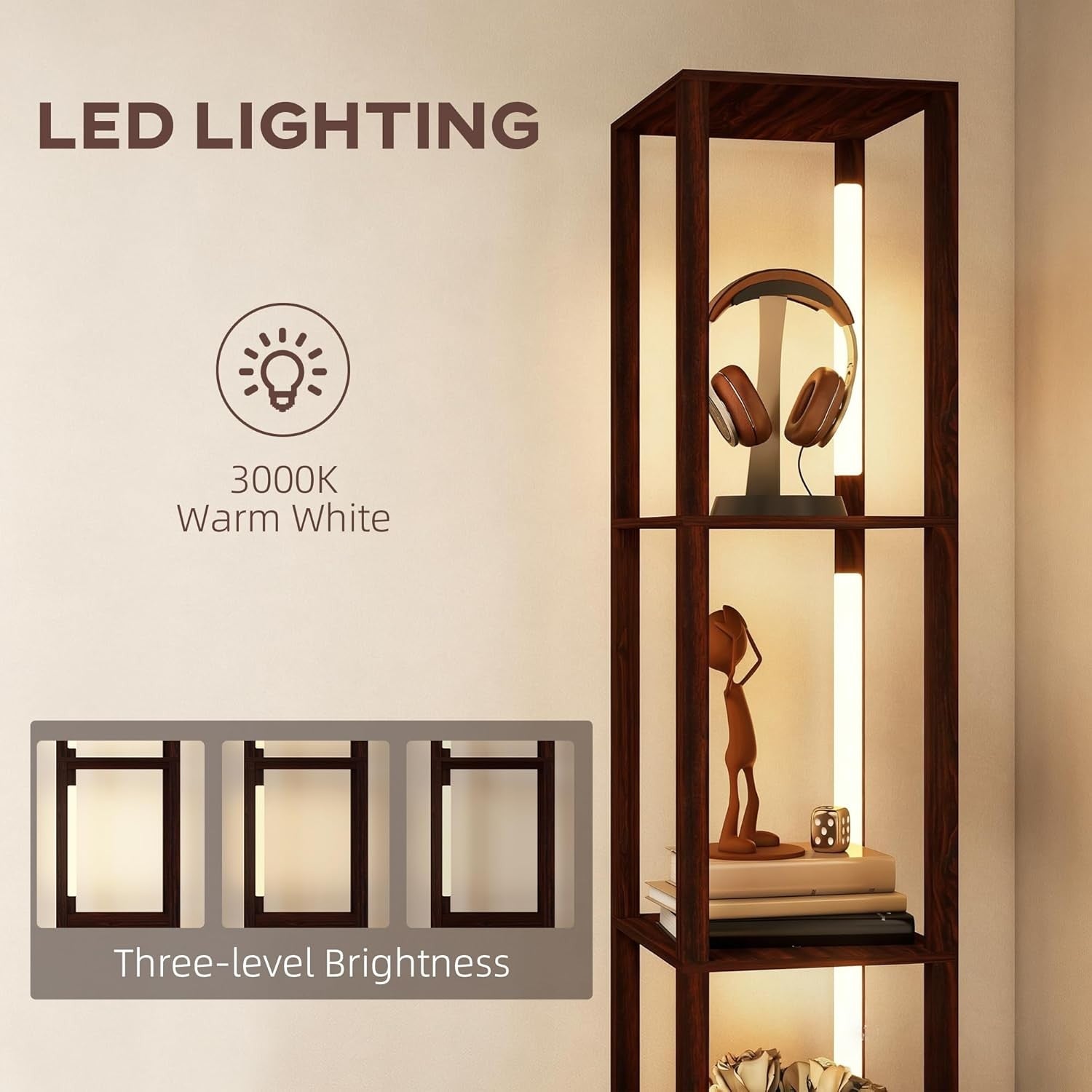 Floor Lamp with Shelves LED Column Storage Standing Lamp Adjustable Light