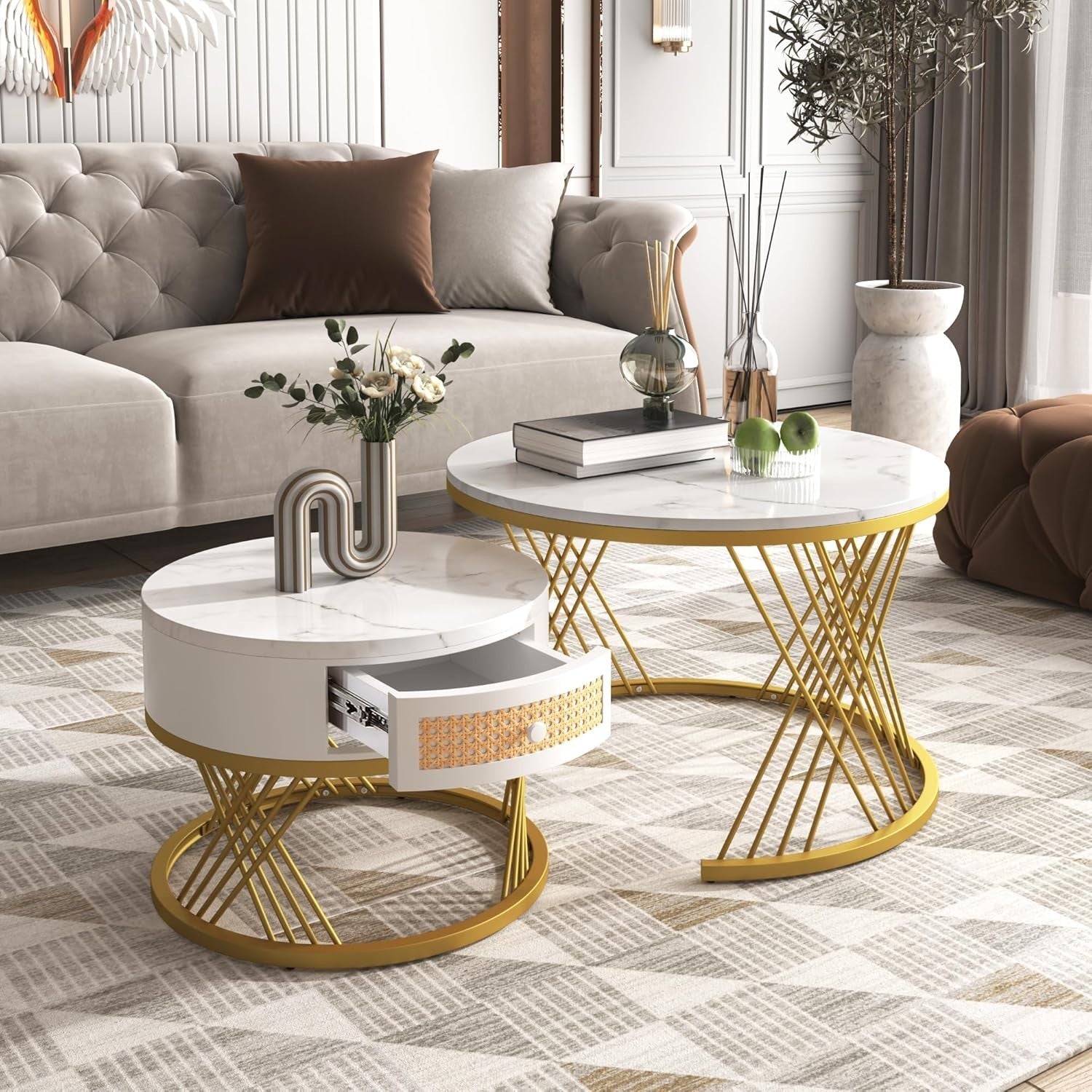 2PC Nesting Coffee Table Set Marble Rattan Storage Drawer Iron Legs Living Room