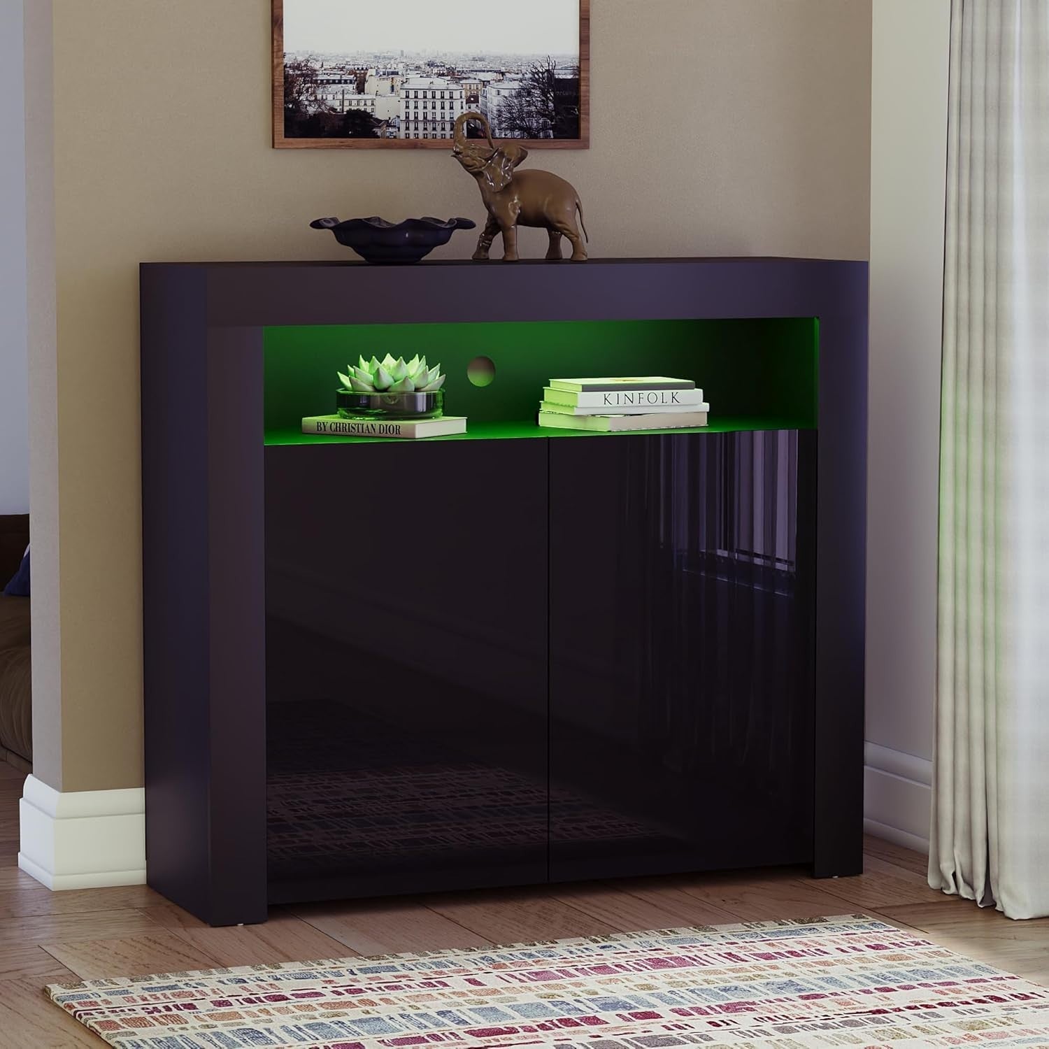 Modern Black LED Sideboard 2 Doors Magnetic Storage Cabinet RGB Lighting