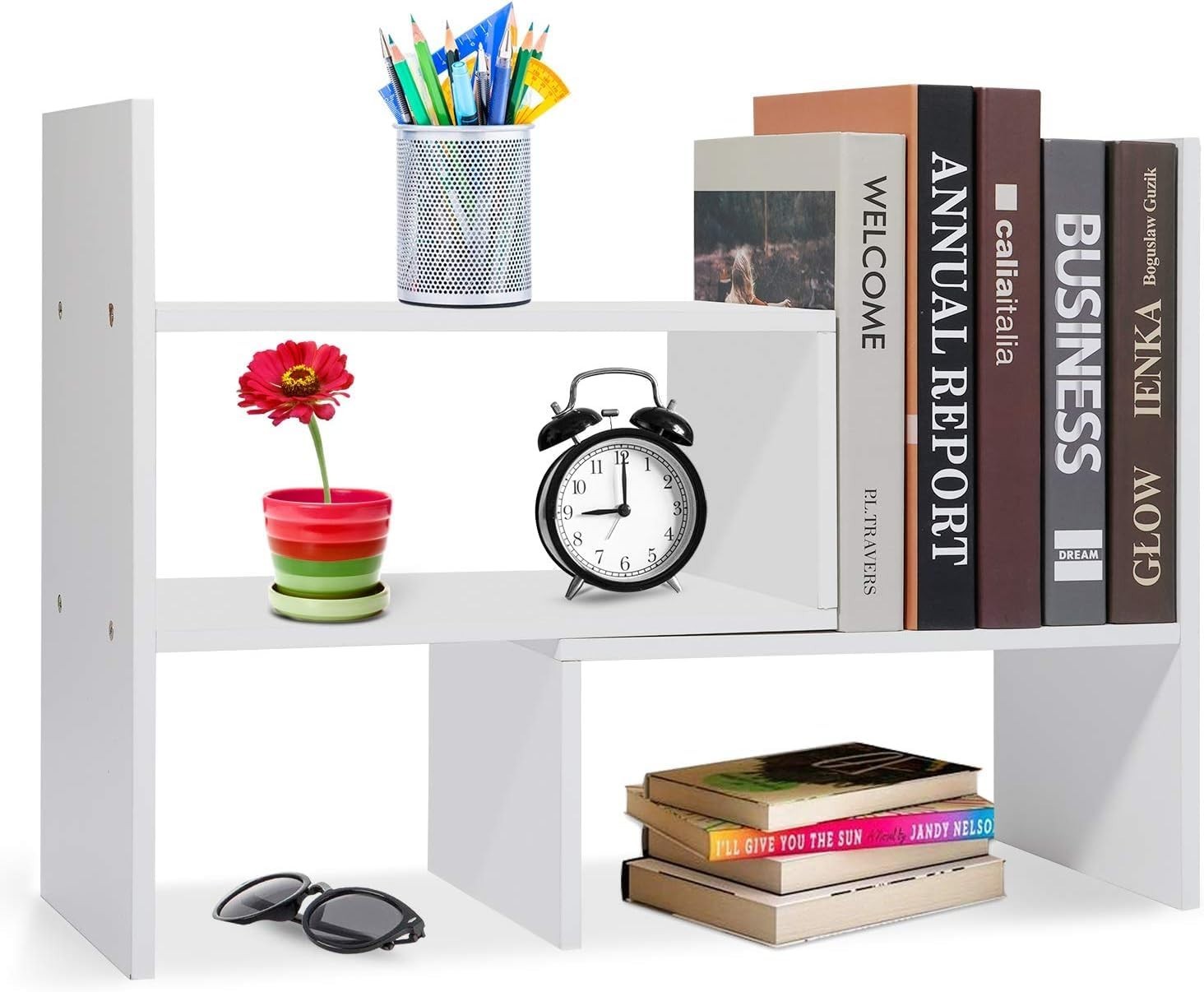 Adjustable White Desktop Bookshelf Organizer – Waterproof, Space Saving Shelf