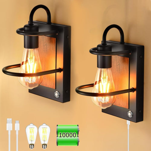 Dimmable Wireless Battery Wall Sconce Set, USB Rechargeable, Faux Wood Lamp