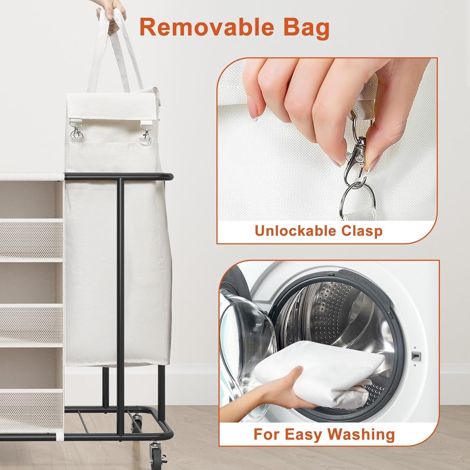 100L Rolling Laundry Sorter with Wheels Hanging Bag & Storage Shelves Beige