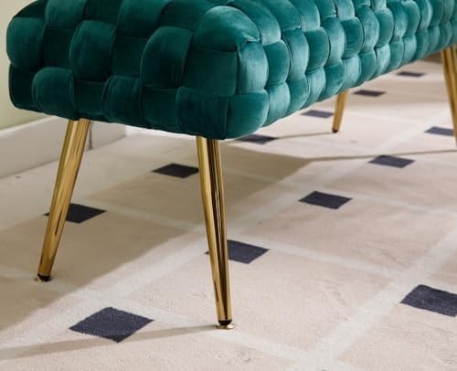 Velvet Ottoman Bench with Gold Metal Legs, Green Upholstered Entryway Seat