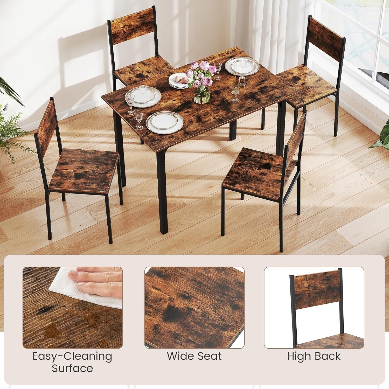 4 Seater Dining Table Set Chairs Wood Metal Kitchen Small Space Modern
