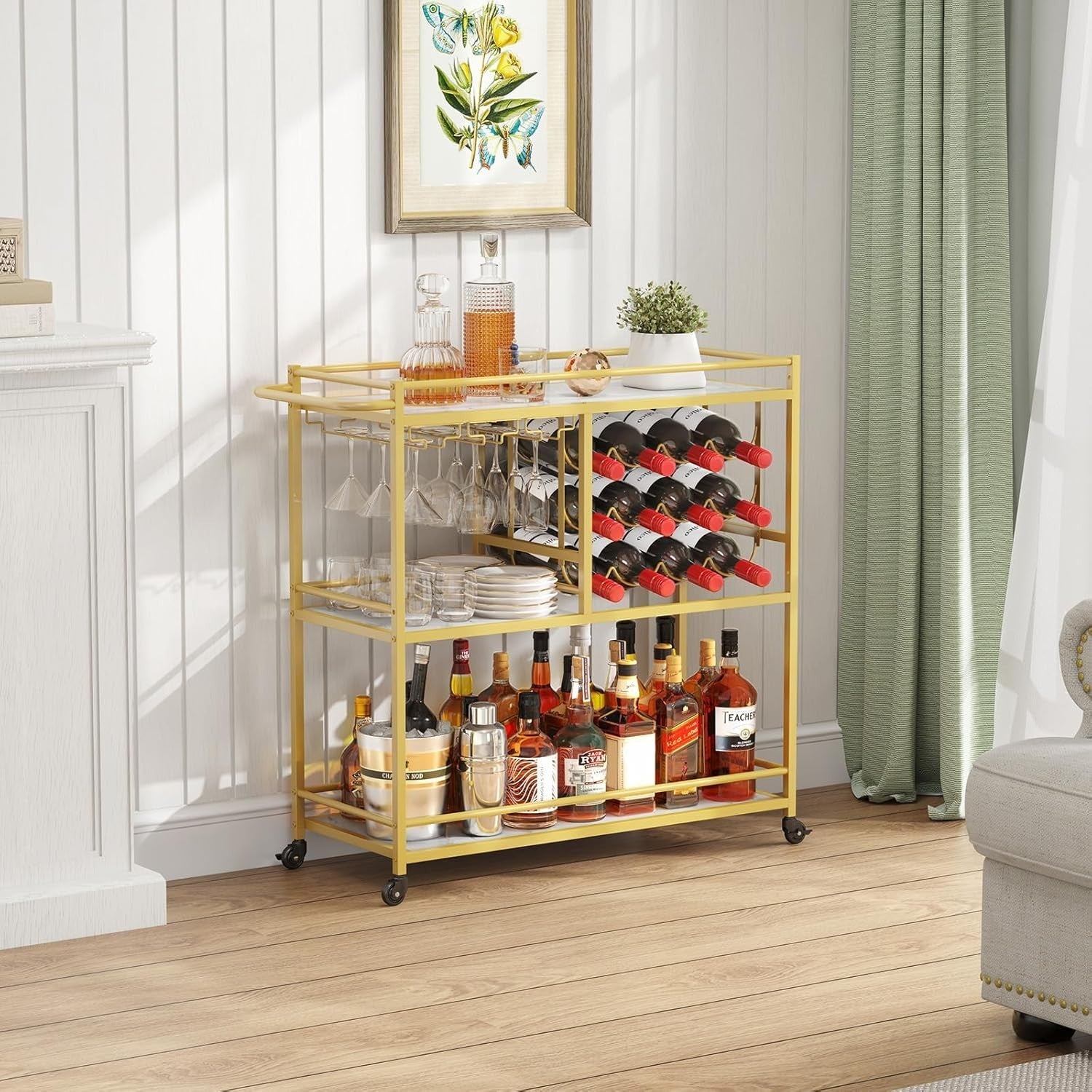 Gold Drinks Trolley 3 Tier Bar Cart with Wine Rack & Glass Holder Lockable Wheel