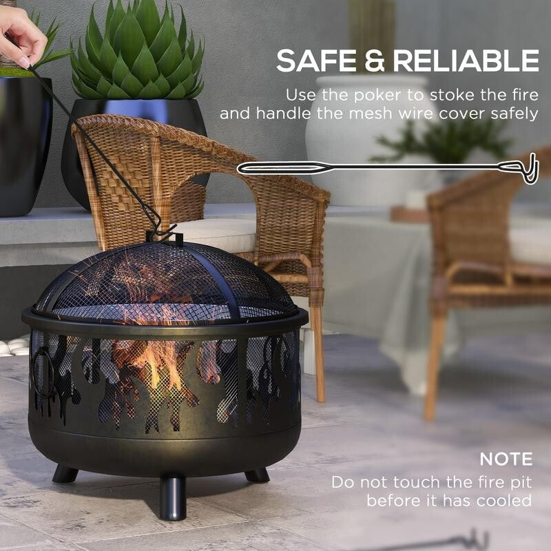 Large Steel Fire Pit BBQ with Mesh Lid & Poker – Safe Outdoor Heating