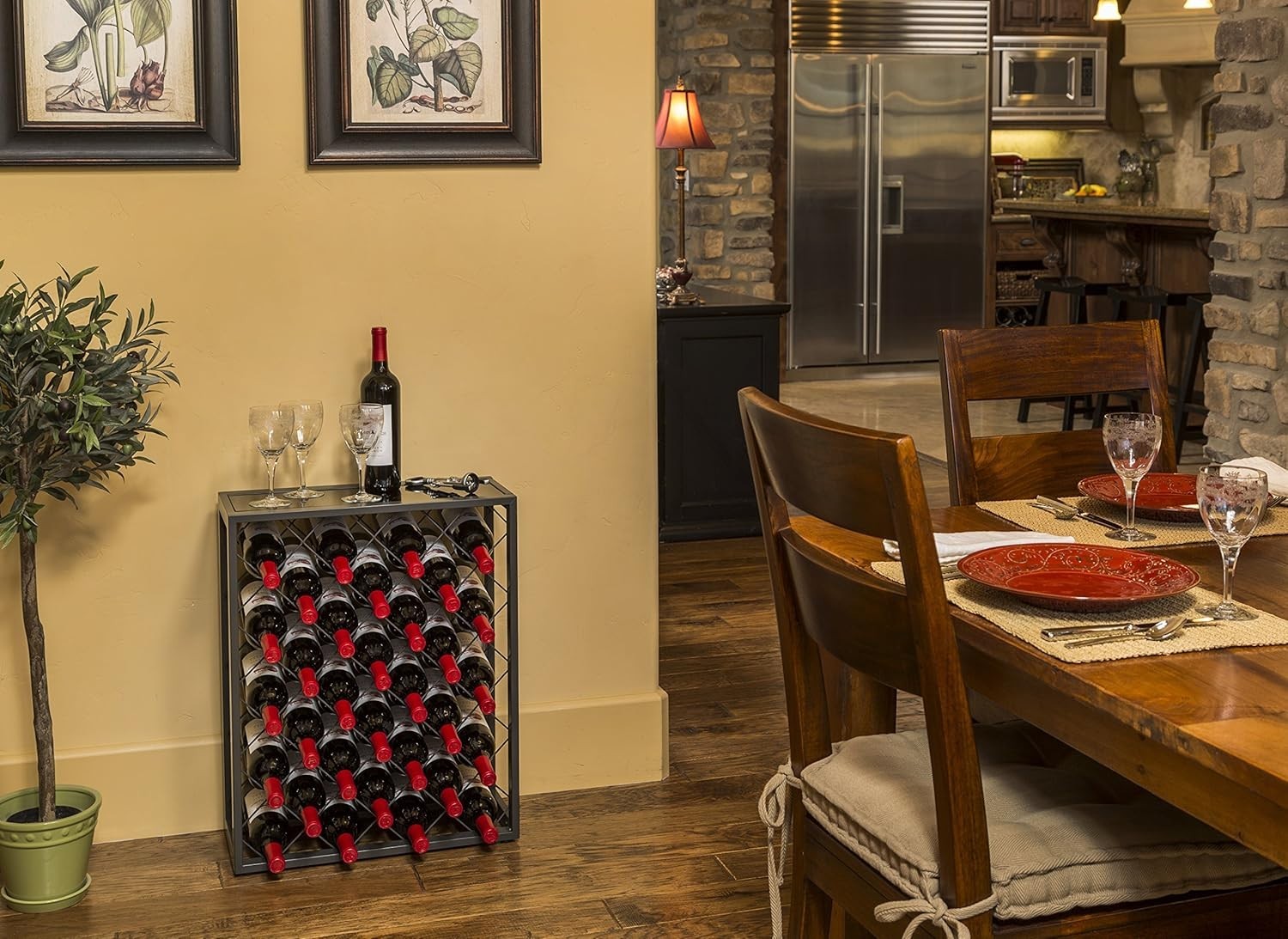 32 Bottle Metal Wine Rack with Glass Top Shelf Free Standing Black Kitchen Bar