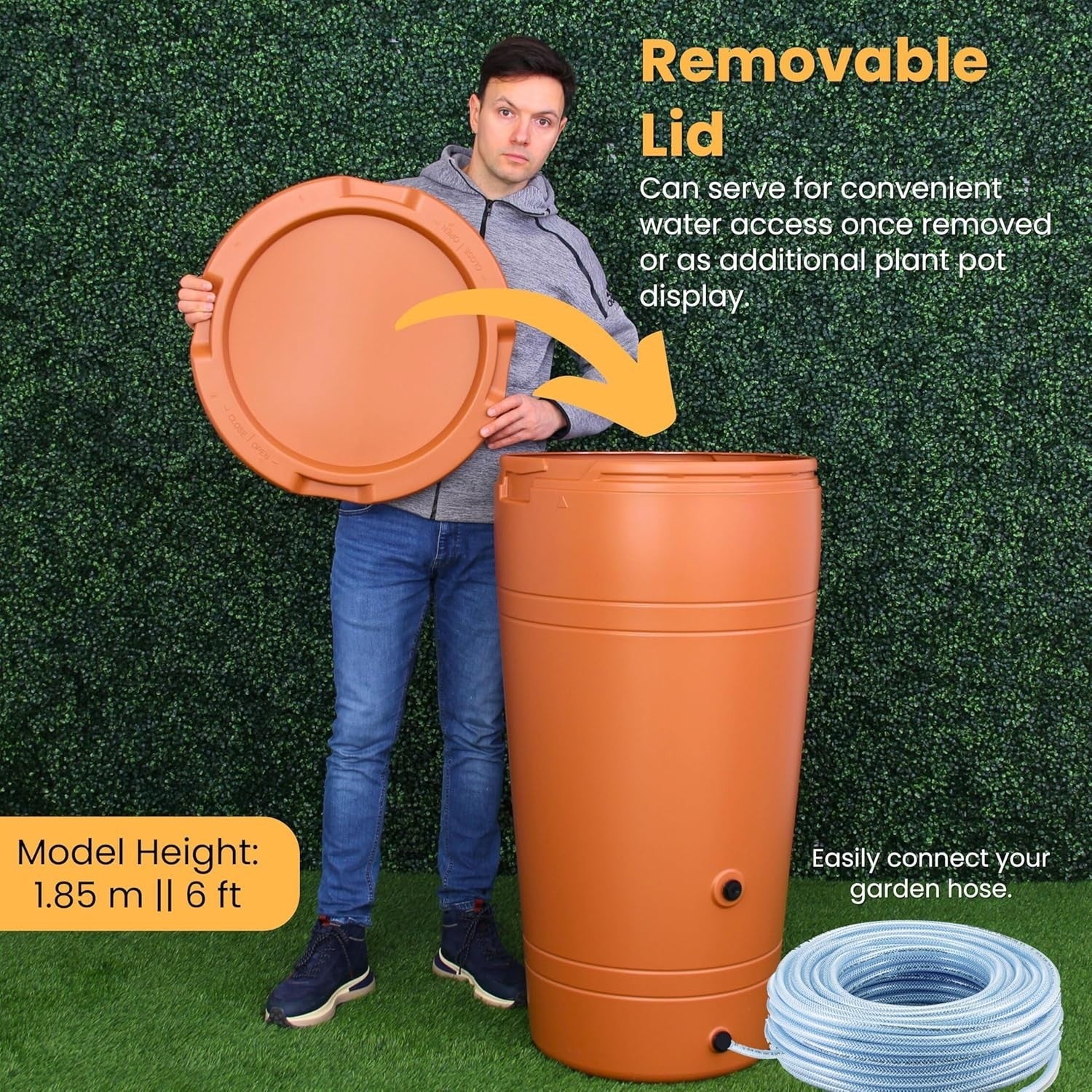 230L Cone Rainwater Butt With Tap Diverter Bio Cleaner Terracotta Garden