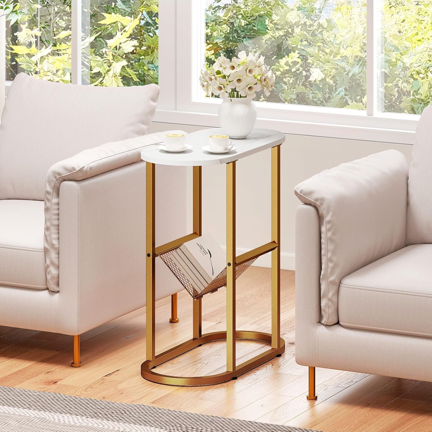 Slim Oval Side Table with Magazine Holder, 2-Tier Metal Frame Small Sofa End Tab