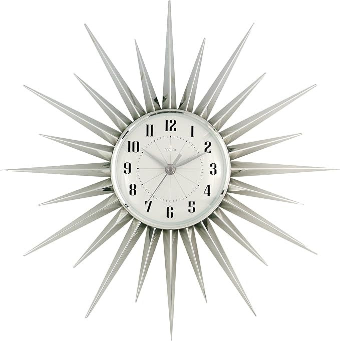 Large 43cm Starburst Wall Clock Silver Retro Sunburst Silent Home Decor