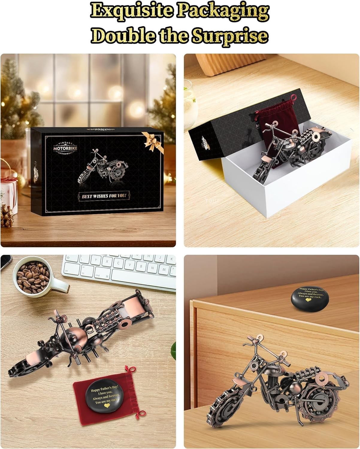 Retro Motorcycle Desk Ornament with Message Rock – Unique Gift for Dad or Him
