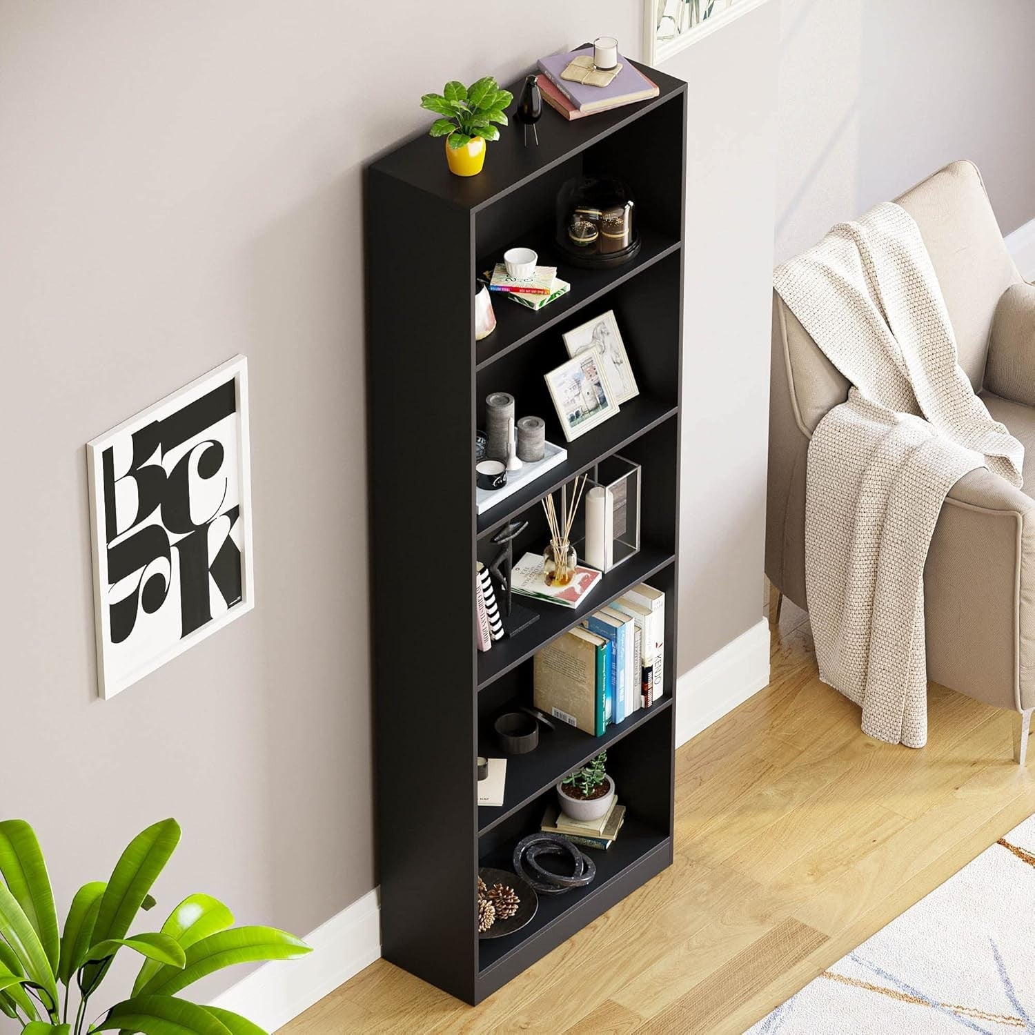 5 Tier Black Wooden Bookcase Modern Storage Display Shelf for Living Room