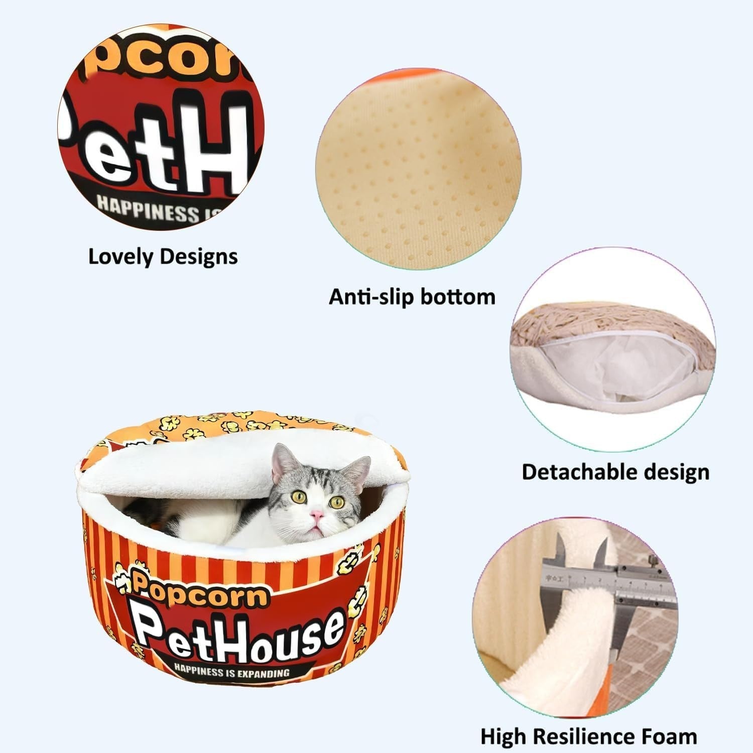 Cat Cave Bed Noodle Cup Warm Hideaway Pet House Non Slip Popcorn