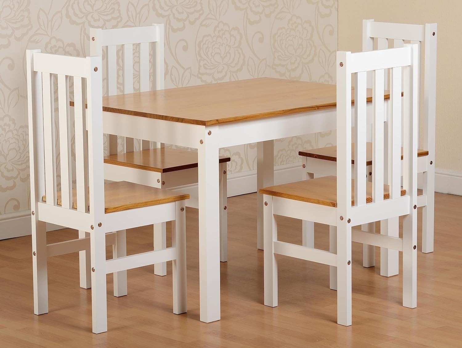 White Oak Effect 5-Piece Dining Set | 4 Slatted Chairs + Table | Rustic Farmhous