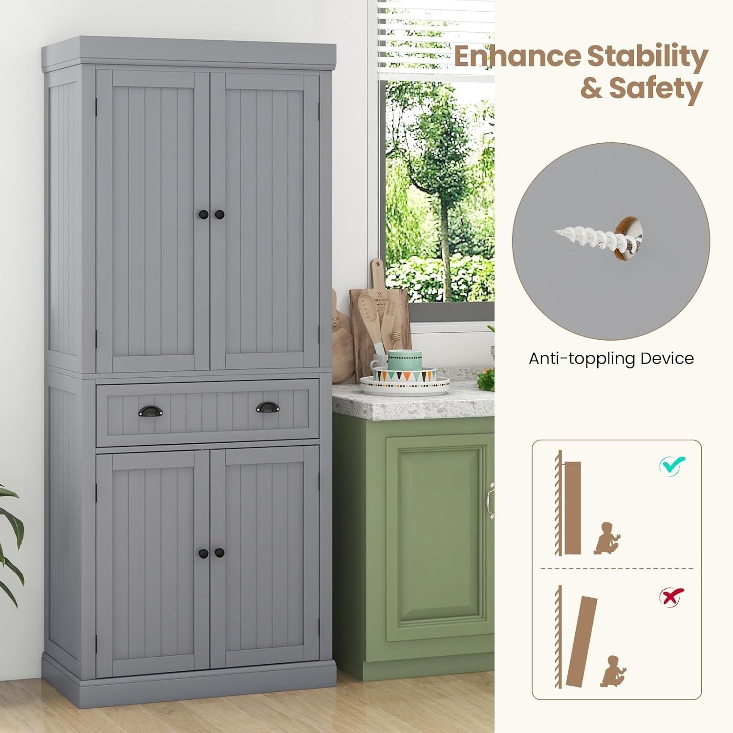 182cm Grey Kitchen Pantry Cupboard | 4 Adjustable Shelves & Drawer