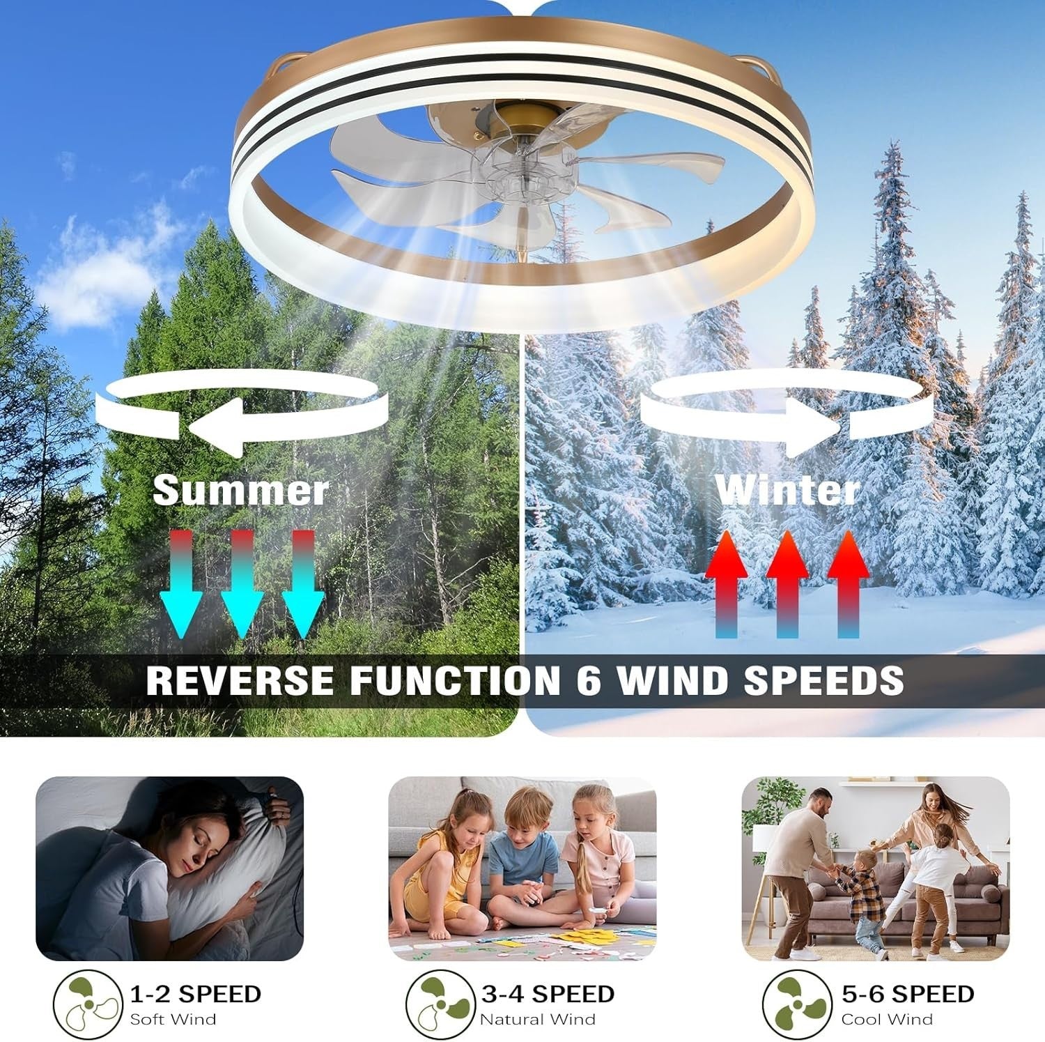 Ceiling Fan with Lights, 6-Speed Dimmable LED Gold Chandelier Fan