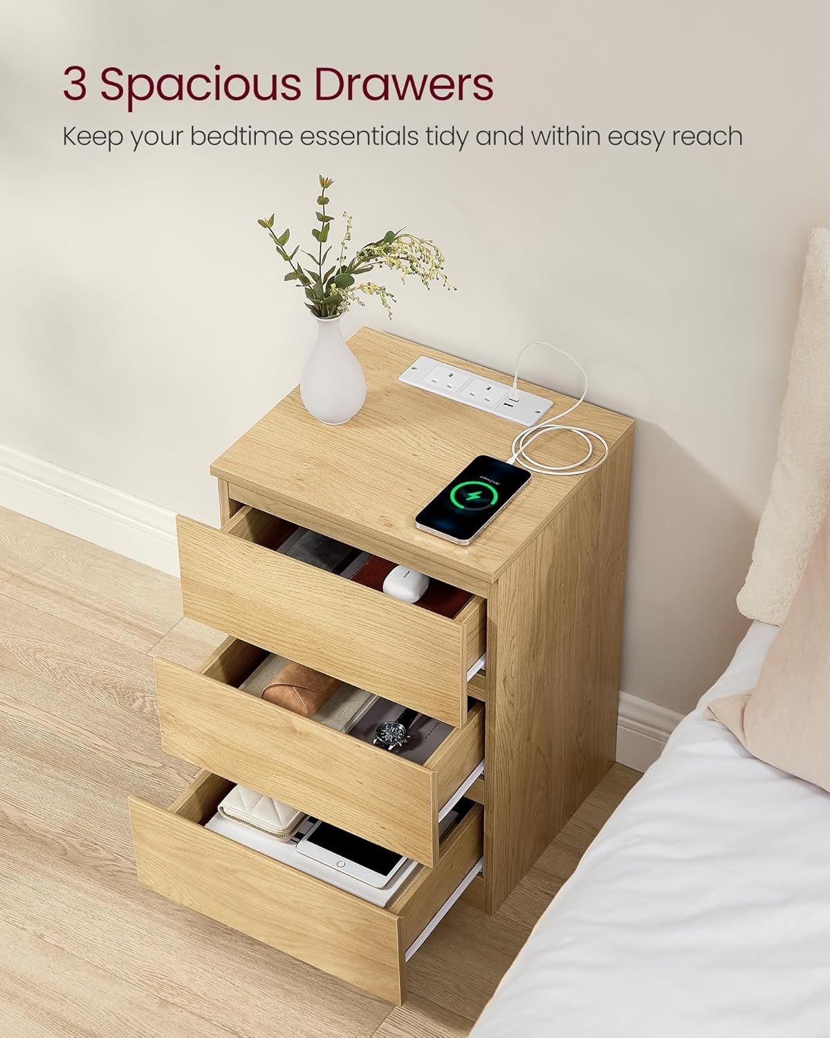Oak Bedside Table with Charging Station, 3 Drawers, USB & AC Ports, Modern