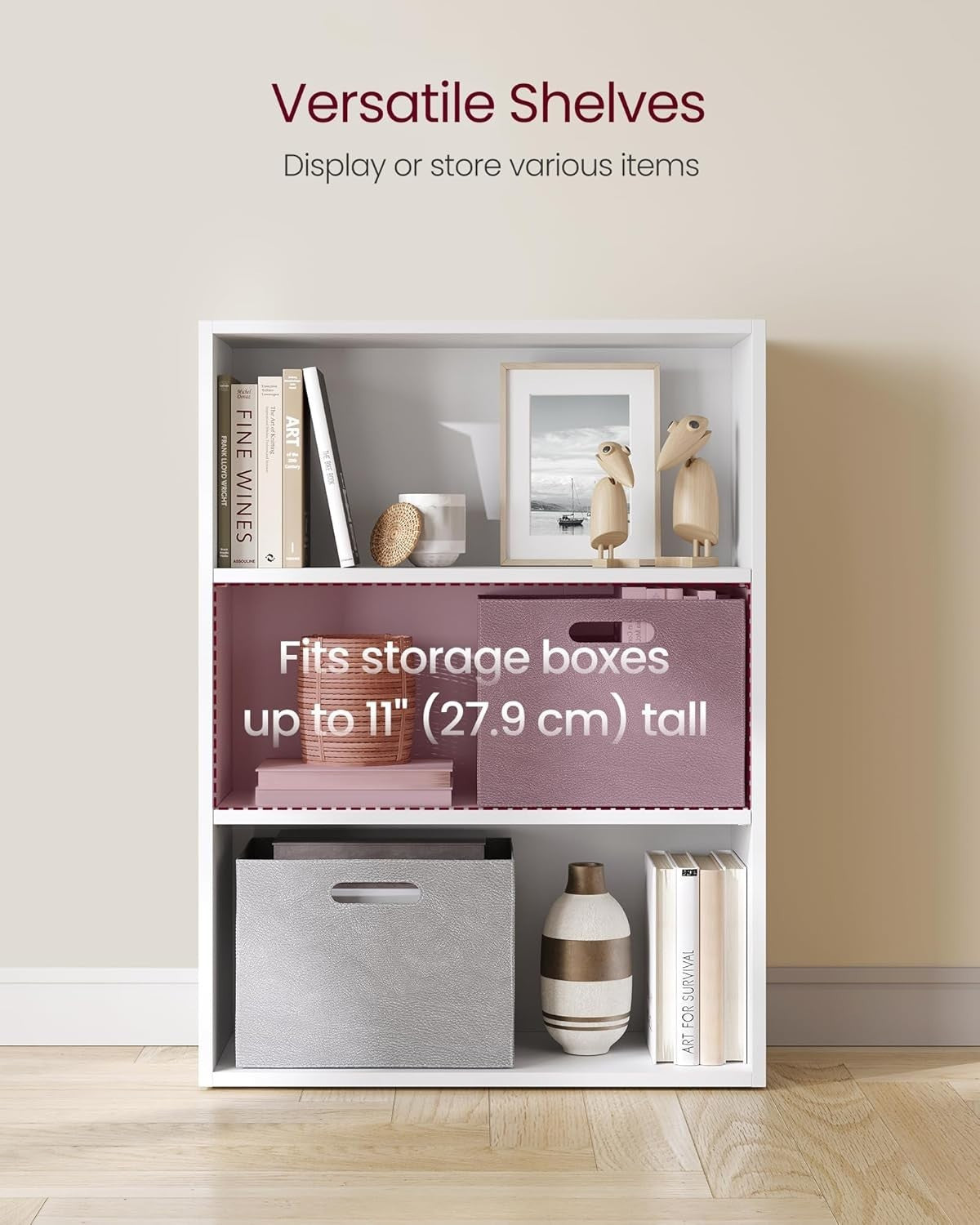 3Tier Wooden Bookcase Tall Storage Display Book Shelf for Living Room White
