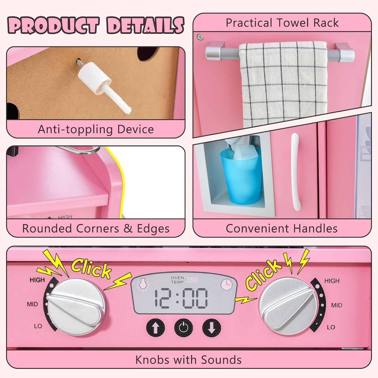 Kids Wooden Play Kitchen Blackboard Microwave Ice Maker Pink Set