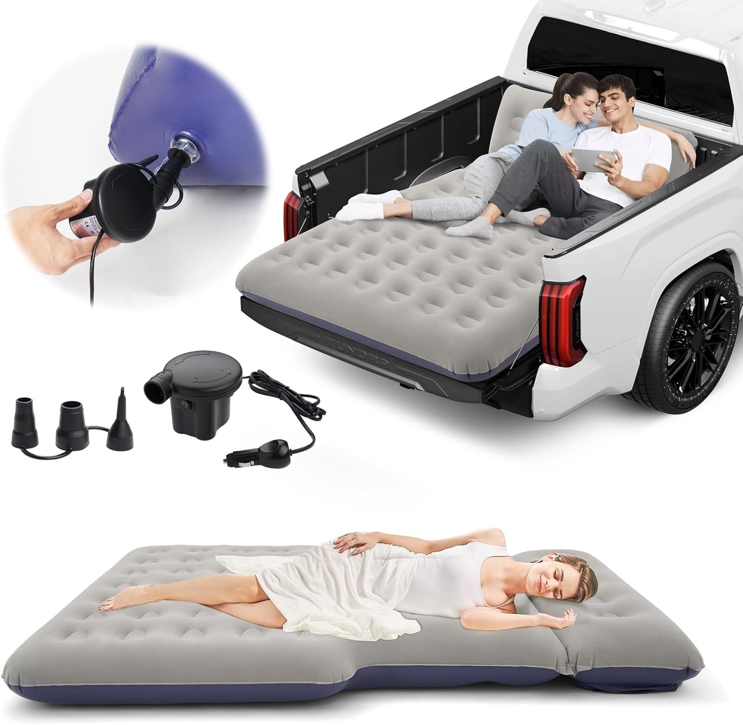 Full-Size Truck Air Mattress with Built-In Pillow – Inflatable for Camping