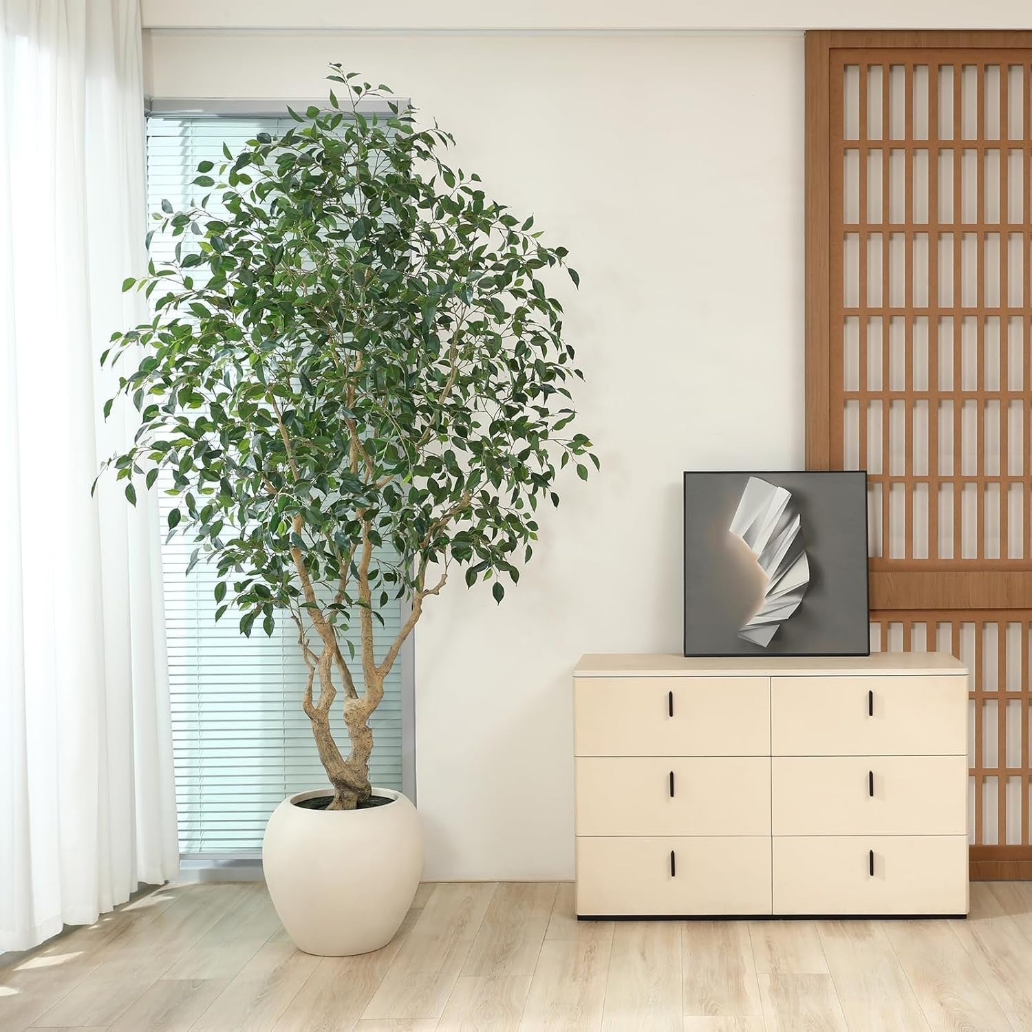8ft Faux Ficus Tree in Artisan Ceramic Pot Premium Lifelike Indoor Decoration