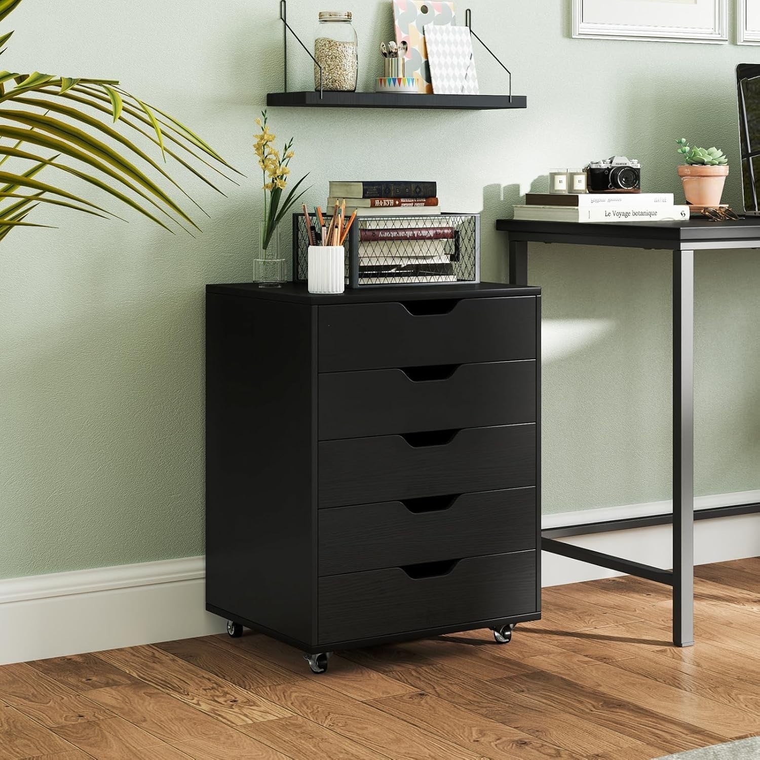 Black Mobile Filing Cabinet 5 Drawer Storage Unit with Wheels for Home Office