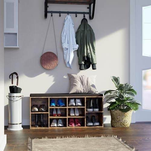 Rustic Shoe Bench with Cushion & 10 Compartments | Entryway Storage Rack