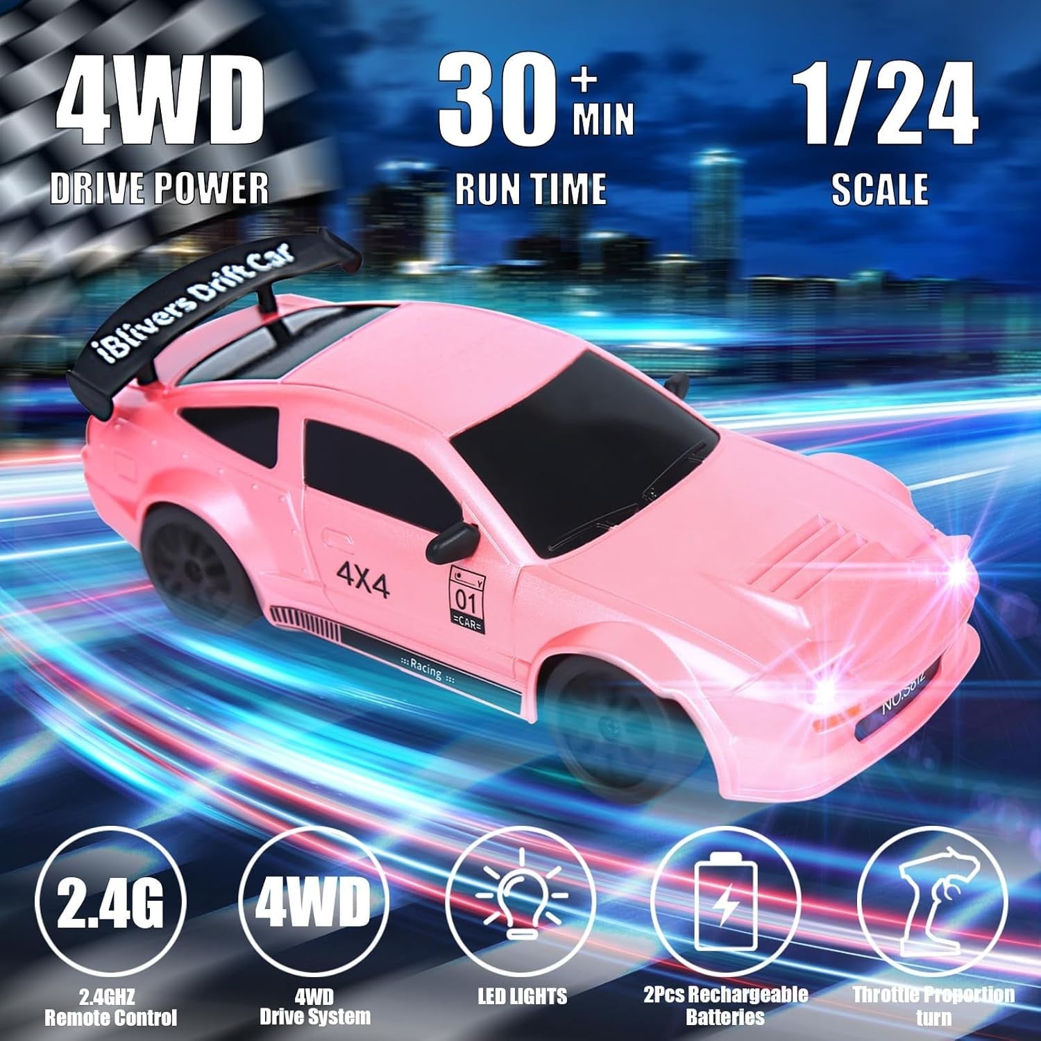 1:24 Mini 4WD RC Drift Car Pro Throttle High Speed GT Model Kids Toy Pink