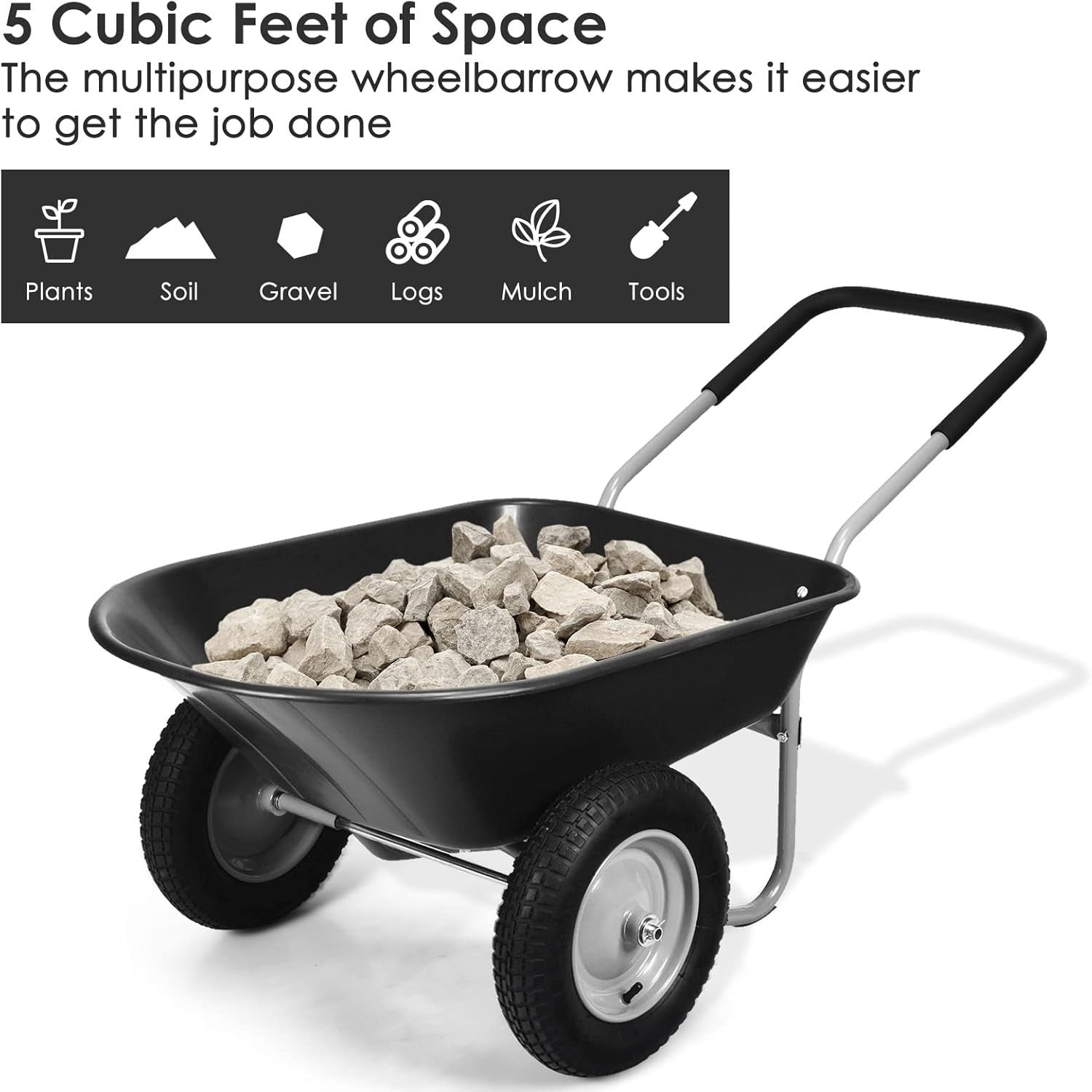 150kg 2-Wheel Garden Black Wheelbarrow – Pneumatic Tyres Heavy Duty Steel Frame