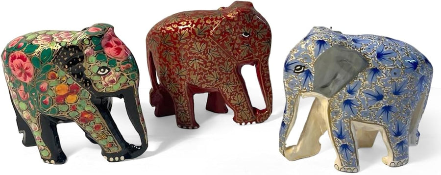 Set of 3 Paper Mache Elephant Ornaments | Colourful Wildlife Decor | Handmade