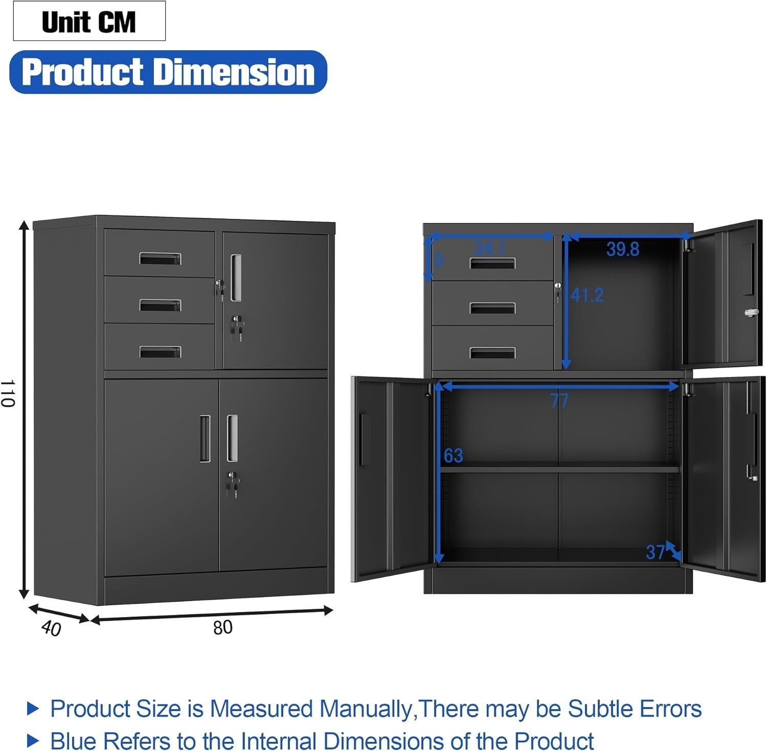 Metal Storage Cabinet with 3 Doors 3 Drawers Lockable Steel Cupboard Black