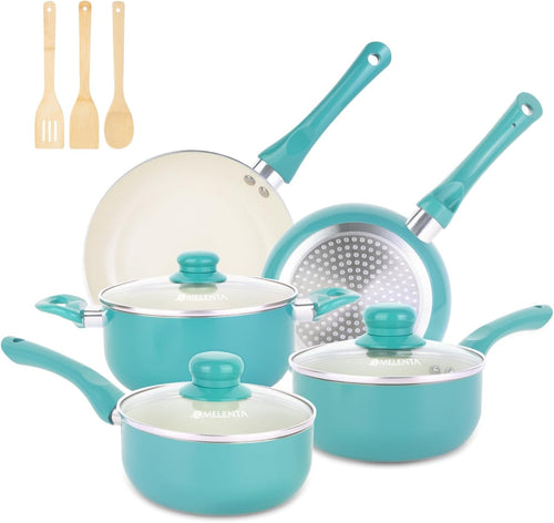 11Pcs Turquoise Ceramic Cookware Set Non Stick Pots & Pans PFOA Free with Lids