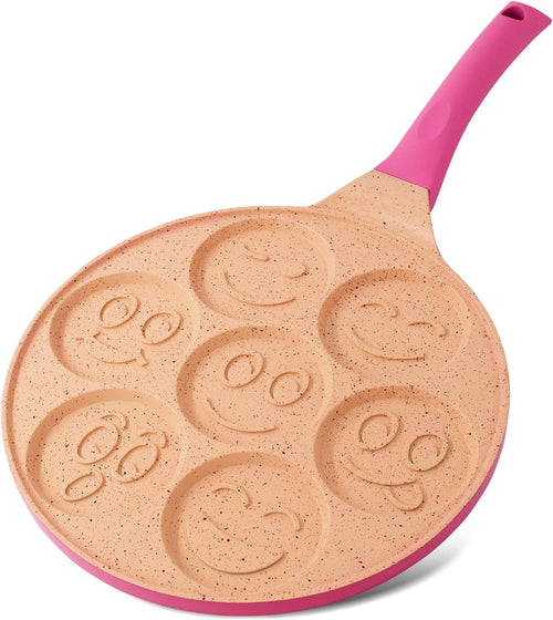 7-Hole Smiley Face Pancake Pan 26cm Pink | Non-Stick Induction Mini Pancake Make
