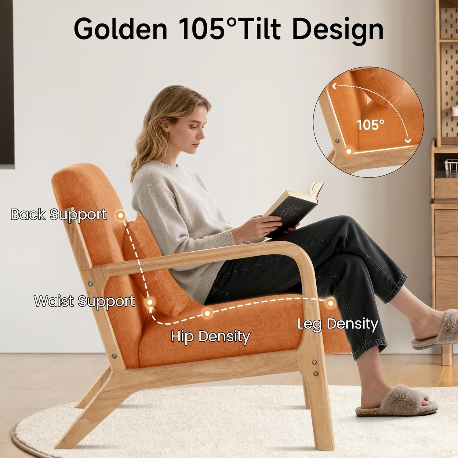 Orange Accent Chairs Set of 2 Mid Century Wood Frame Lounge Seats
