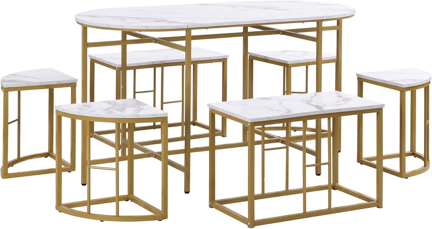 Luxury 6-Seater Dining Table Set with Marble Top & Gold Iron Frame - Modern Chic