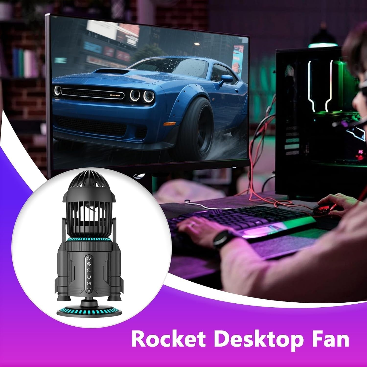 Rocket-Shape Desk Fan – Quiet 5000RPM Air Circulator LED Light Adjustable Grey