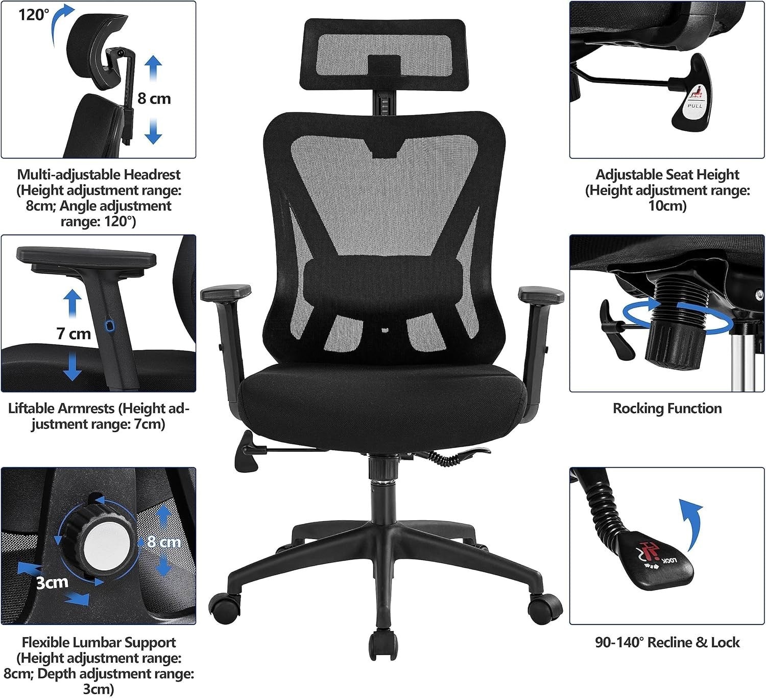 Ergonomic Office Desk Chair Mesh Back Adjustable Lumbar Headrest Reclining