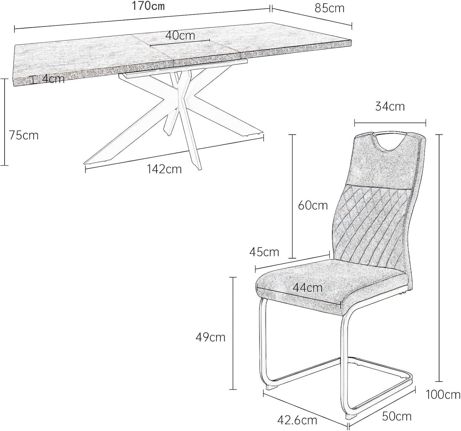 Extendable Dining Table Set 4 Seater Grey Chairs MDF Kitchen Living Room