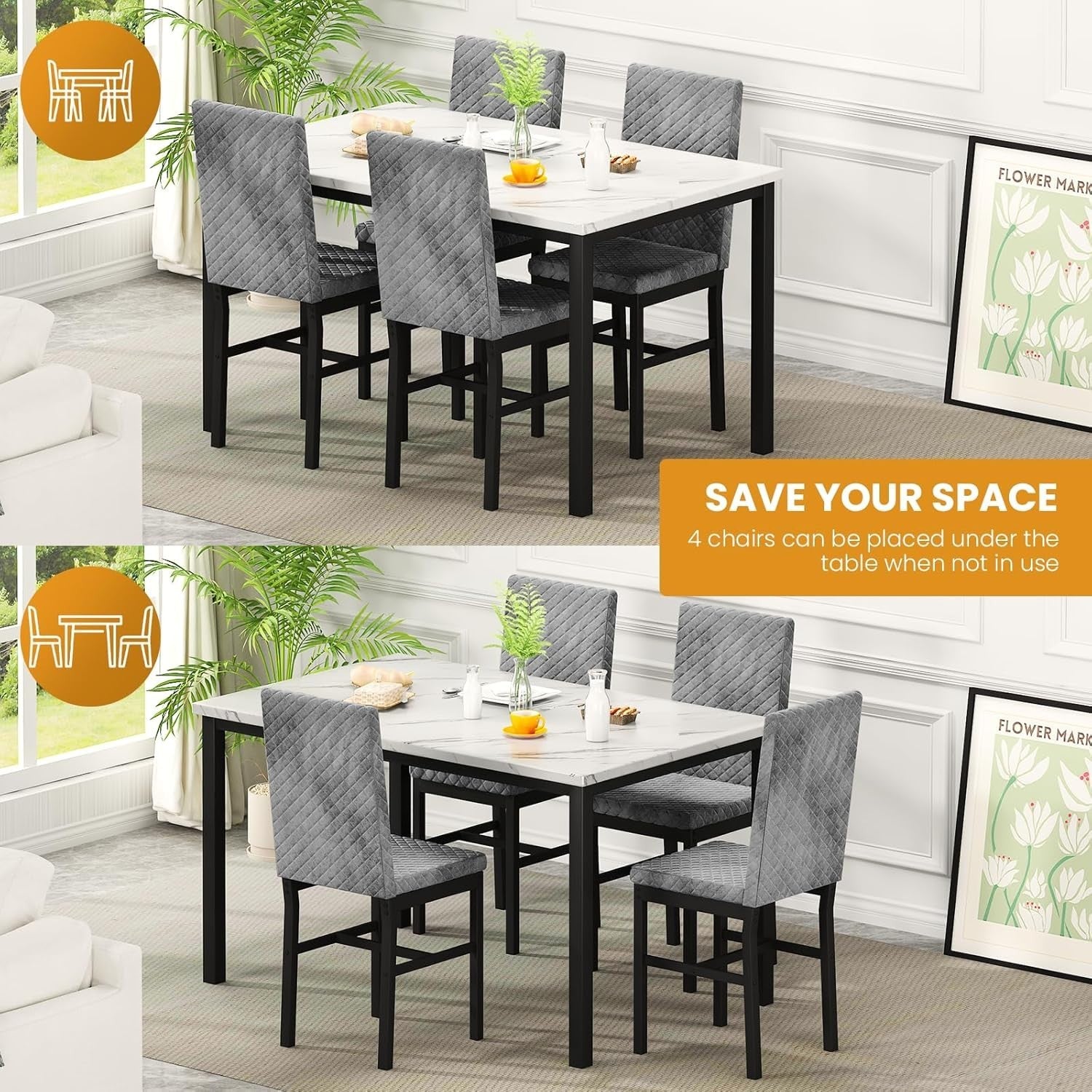 4 Seater Dining Table Set Marble Effect Top & Velvet Chairs Modern Small