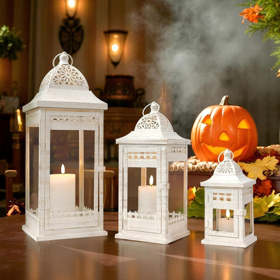 Set of 3 Vintage Hanging Candle Lanterns | Metal & Glass | Indoor Outdoor Decor