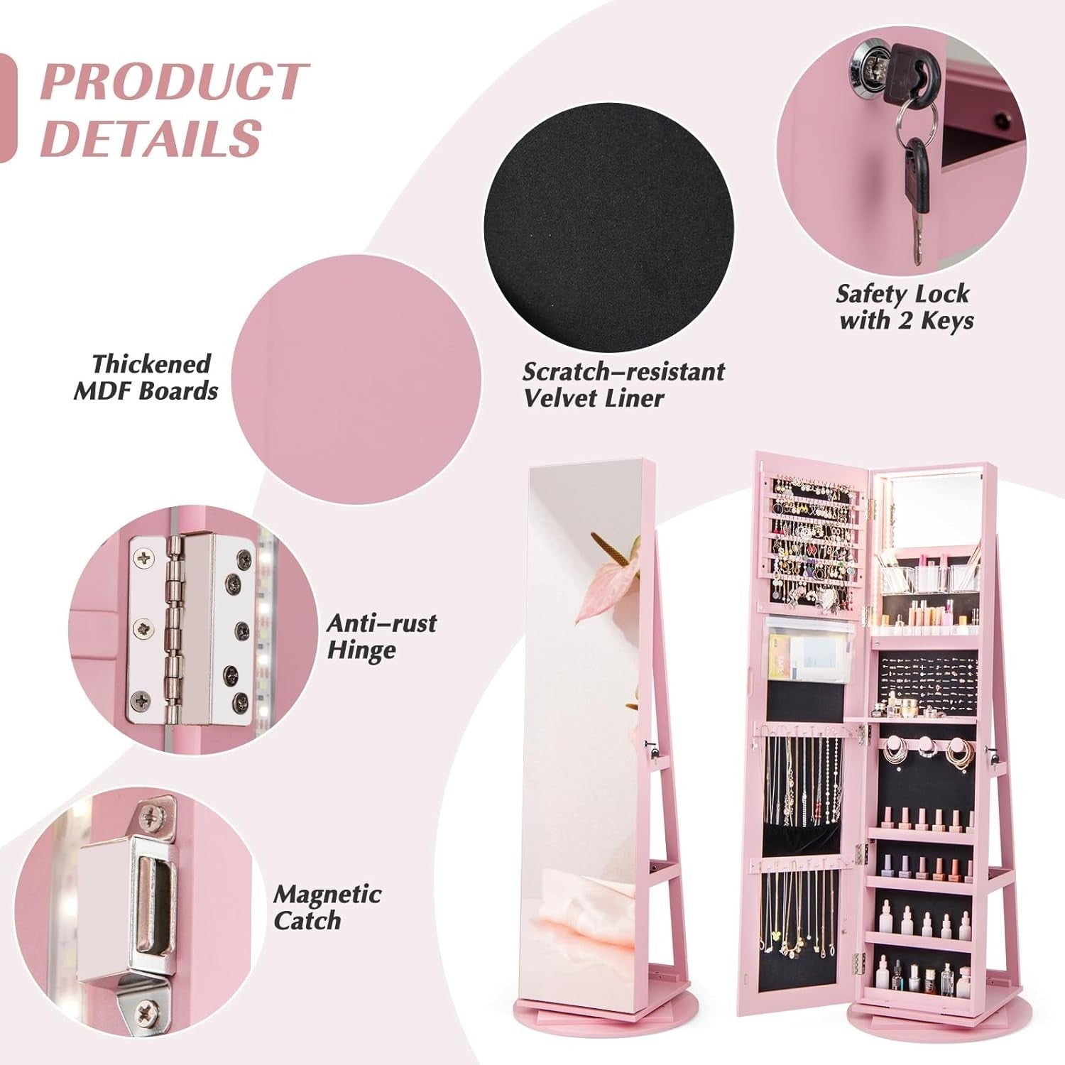 Pink 360° Swivel LED Jewelry Cabinet Mirror Lockable 3-Color Storage