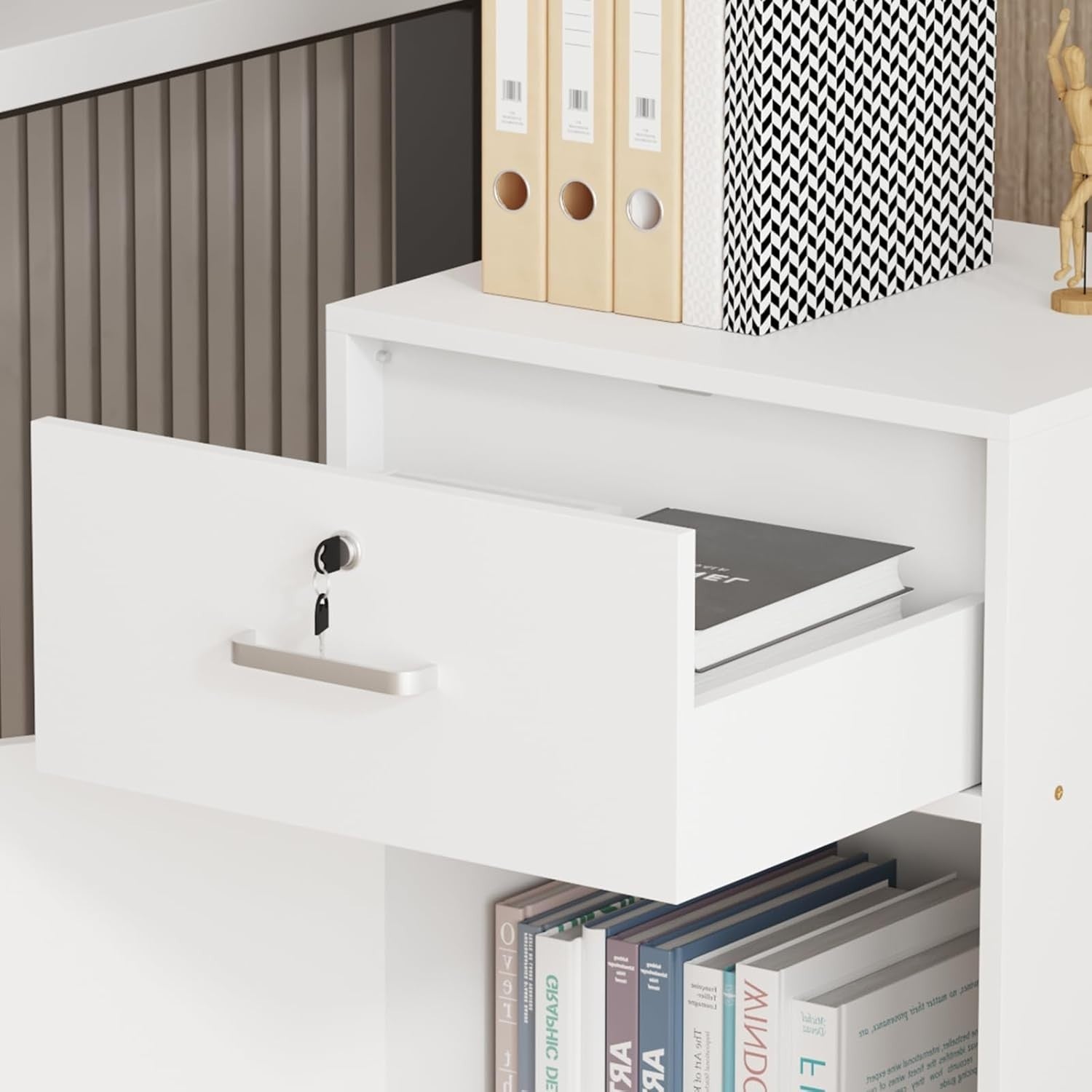 White Lockable Mobile File Cabinet with Door & Drawers Under Desk