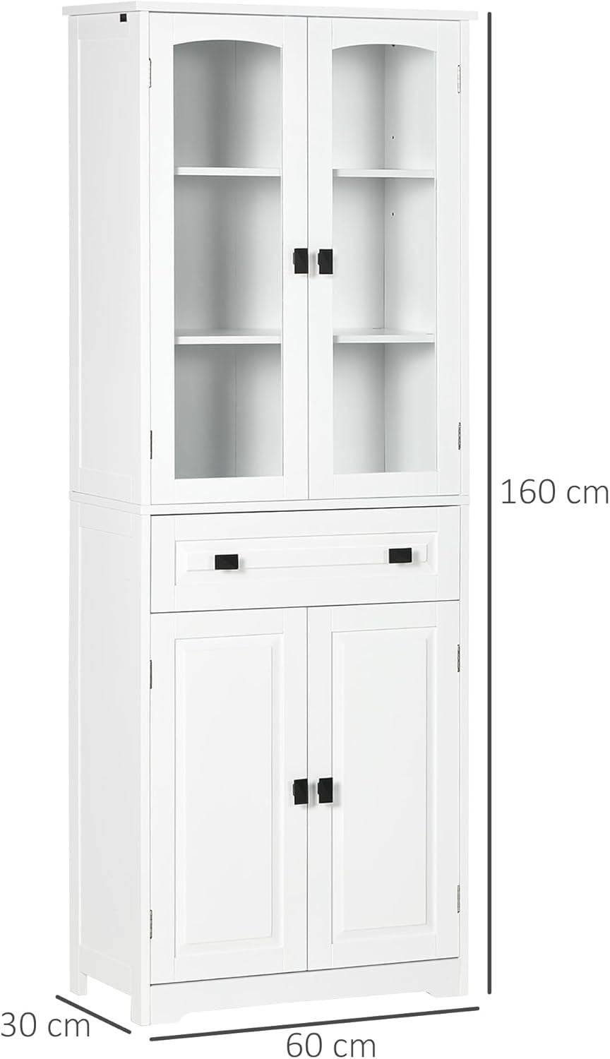 Tall White Kitchen Storage Cabinet Cupboard with Drawer & Glass Doors 160cm