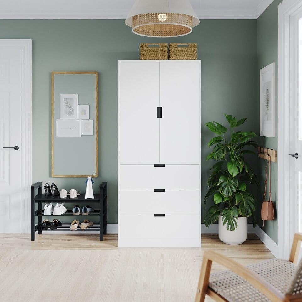 White 2 Door Wardrobe with 3 Drawers & Hanging Rail - Bedroom Storage Unit