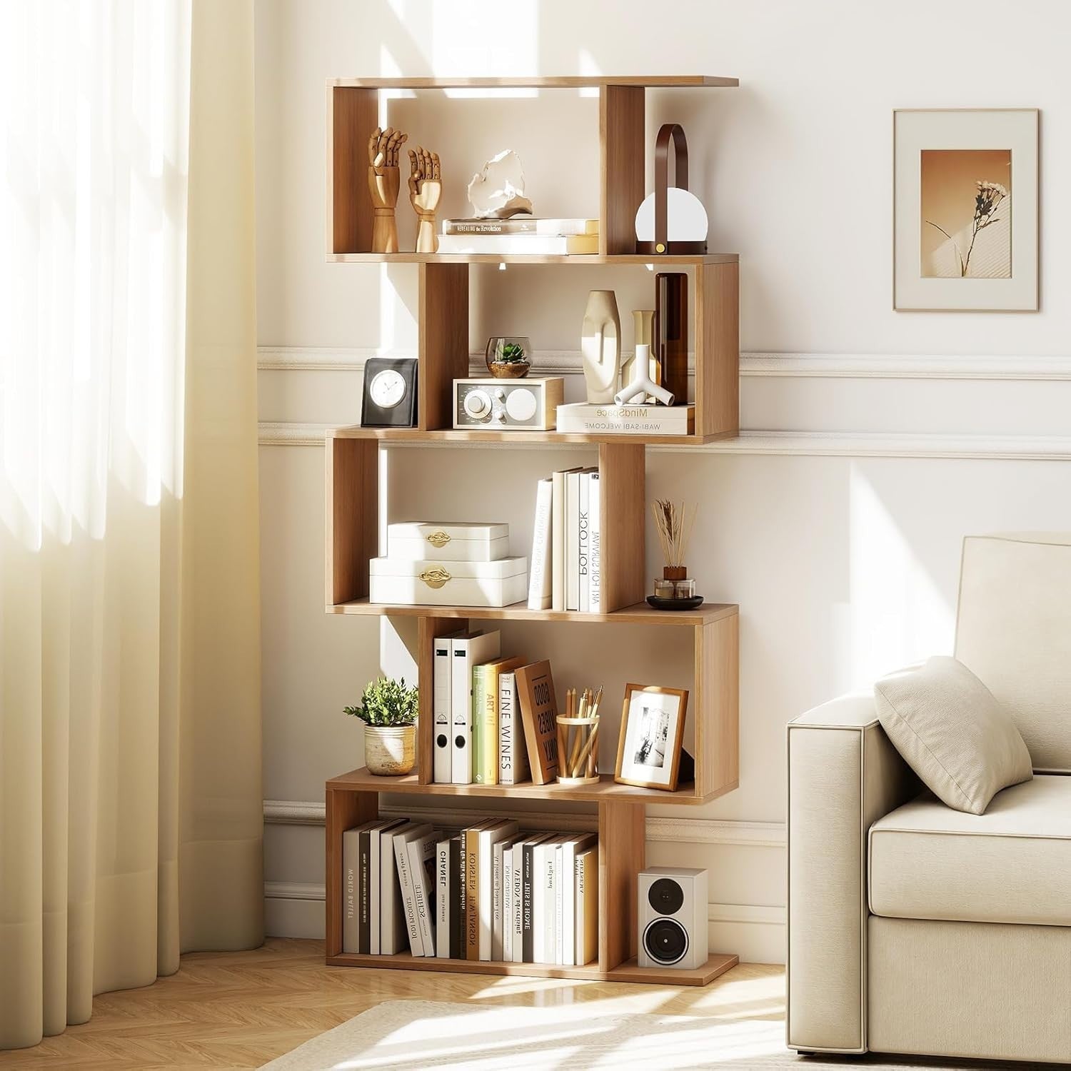 S Shaped 5 Tier Wooden Bookcase Freestanding Display Storage Shelf Natural