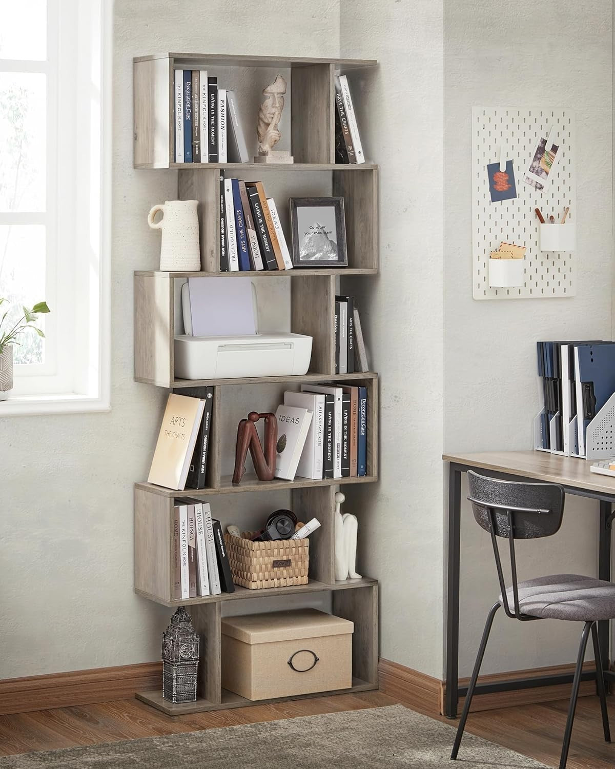 6 Tier Rustic Greige Bookcase S-Shaped Storage Shelf Room Divider 70x24x191cm