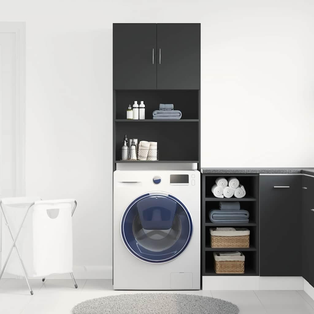 Tall Black Washing Machine Cabinet Over-Laundry Storage Unit with Doors & Shelve
