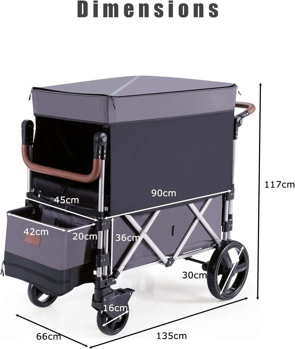 Grey Push Pull Stroller Wagon 2-Seater Folding Cart w/ Canopy 5-Point Harness